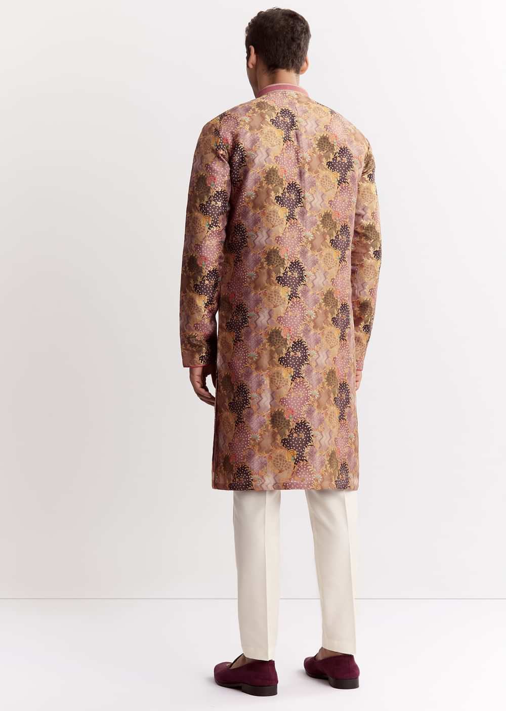 Purple Silk Floral Printed Kurta Set With Mandarin Collar