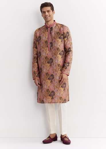 Purple Silk Floral Printed Kurta Set With Mandarin Collar