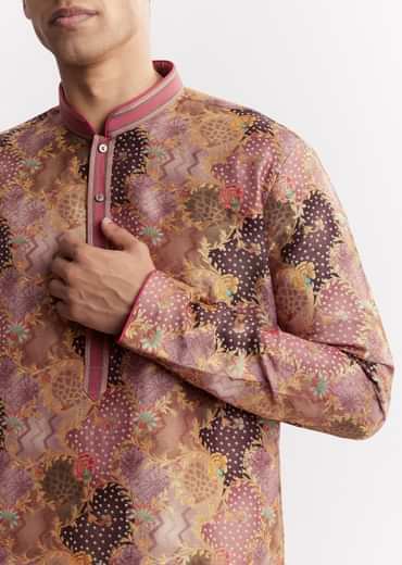 Purple Silk Floral Printed Kurta Set With Mandarin Collar