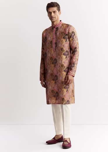 Purple Silk Floral Printed Kurta Set With Mandarin Collar