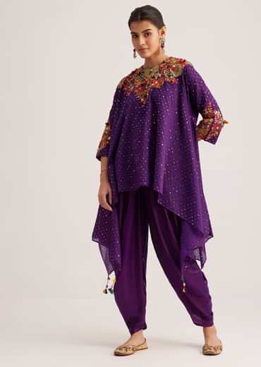 Purple Silk Kurta Dhoti Set With Resham Embroidery And Tassel Details