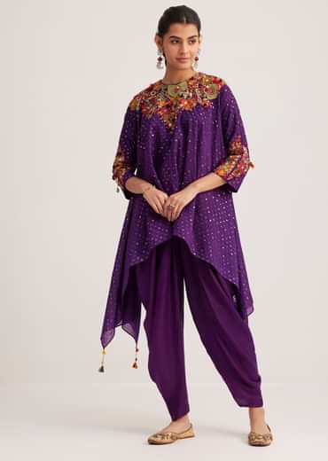 Purple Silk Kurta Dhoti Set With Resham Embroidery And Tassel Details