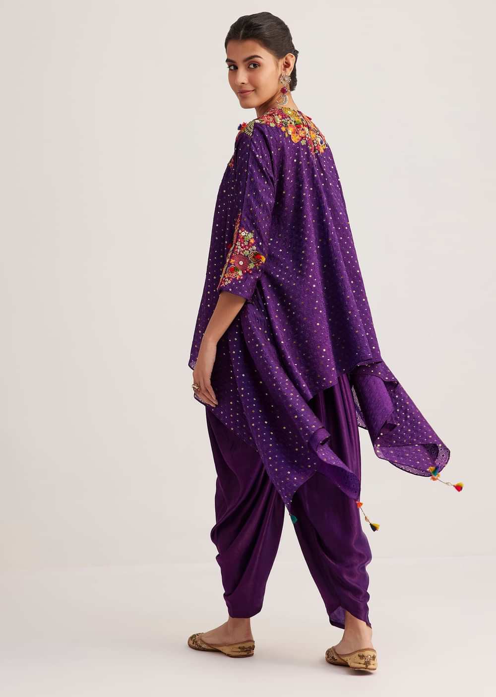 Purple Silk Kurta Dhoti Set With Resham Embroidery And Tassel Details