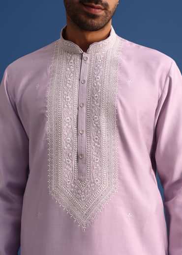 Purple Silk Kurta Set With Hand Embroidery