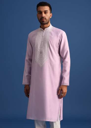 Purple Silk Kurta Set With Hand Embroidery