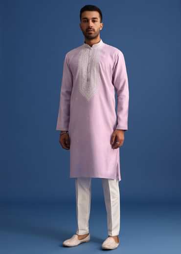 Purple Silk Kurta Set With Hand Embroidery
