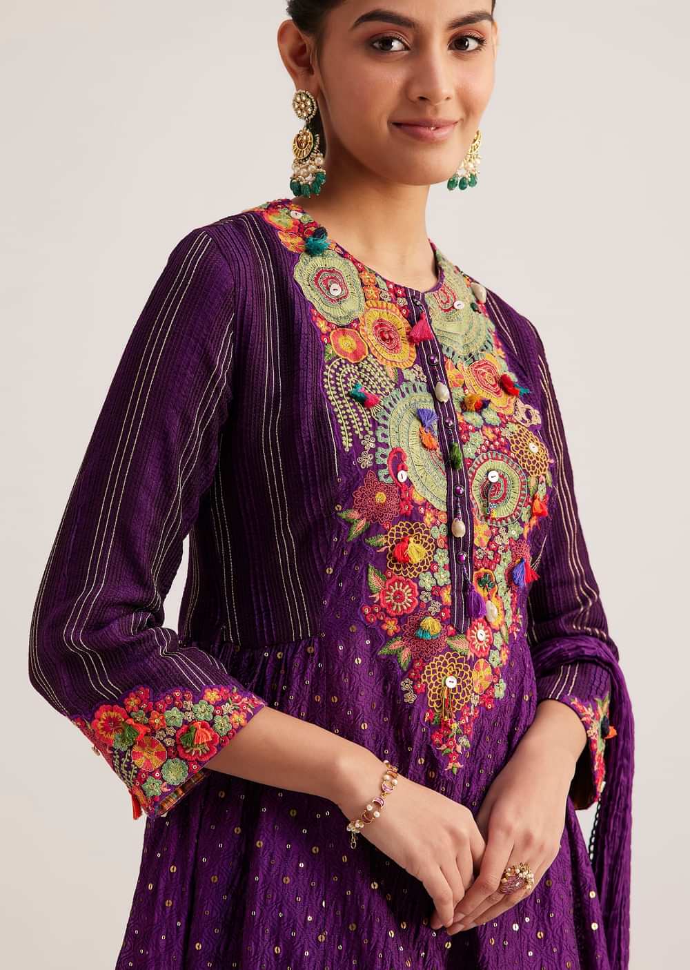 Purple Silk Kurta Set With Resham Embroidery And Dupatta