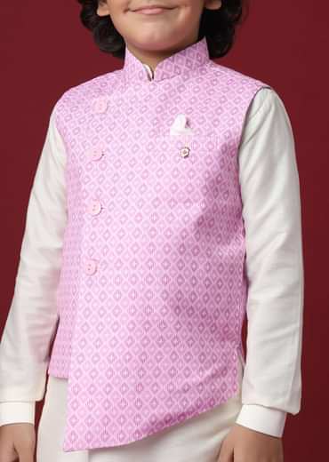 Purple Silk Printed Jacket Kurta Set for Boys