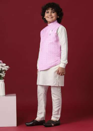 Purple Silk Printed Jacket Kurta Set for Boys
