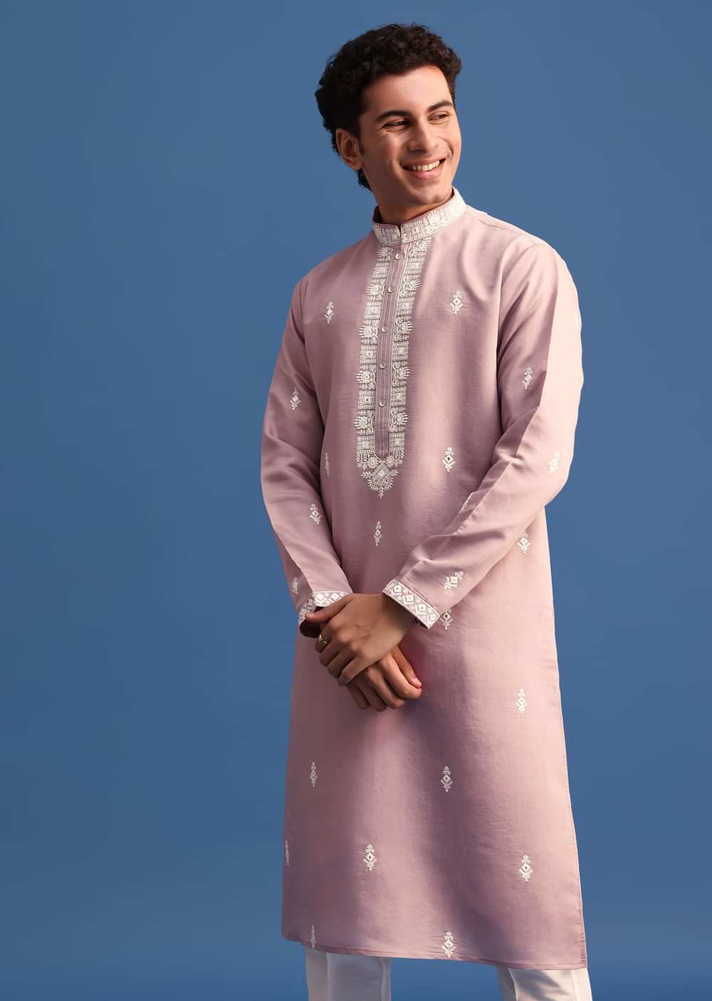 Purple Silk Resham Embroidered Kurta Set