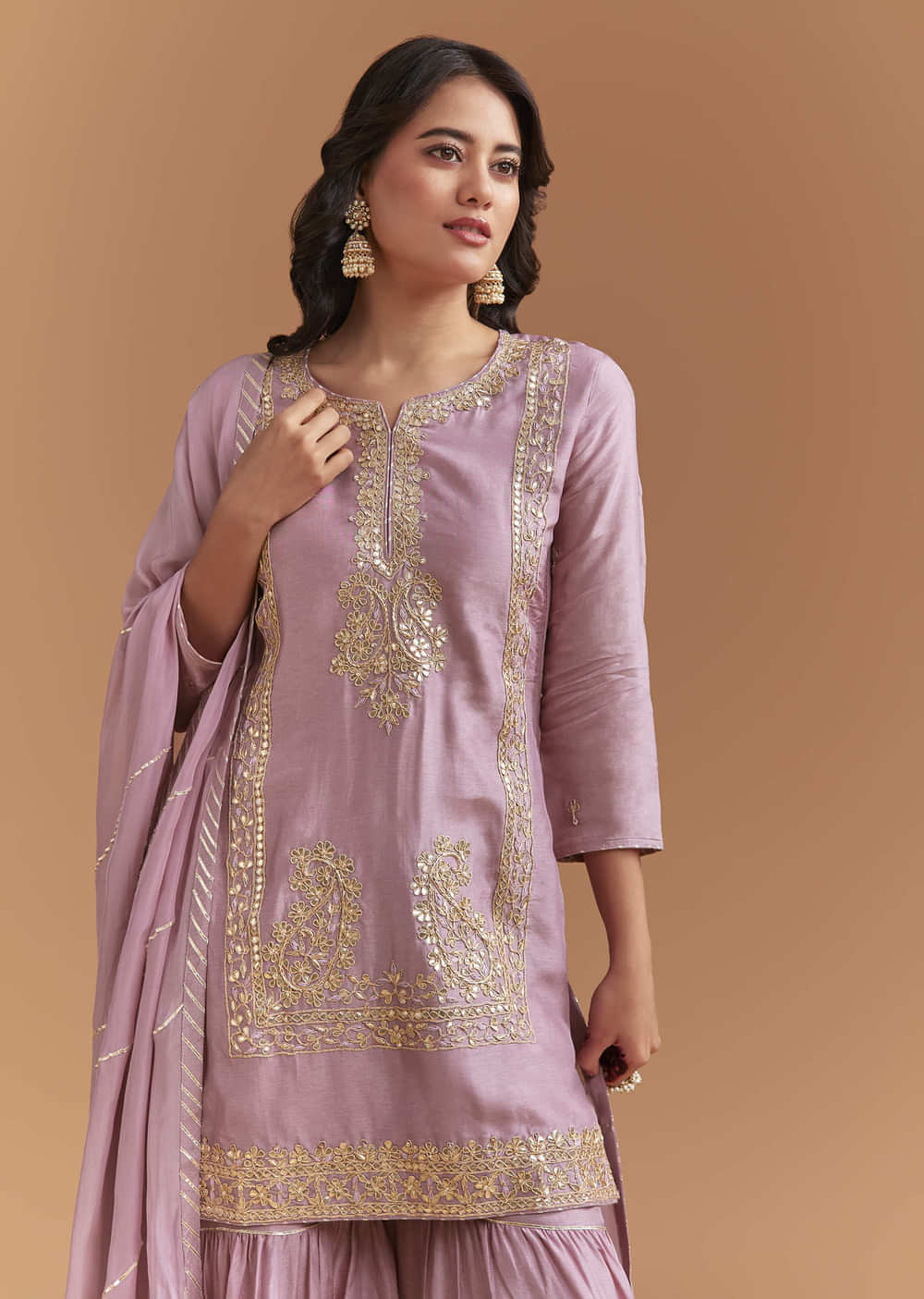 Purple Silk Sharara Suit With Intricate Gota Work