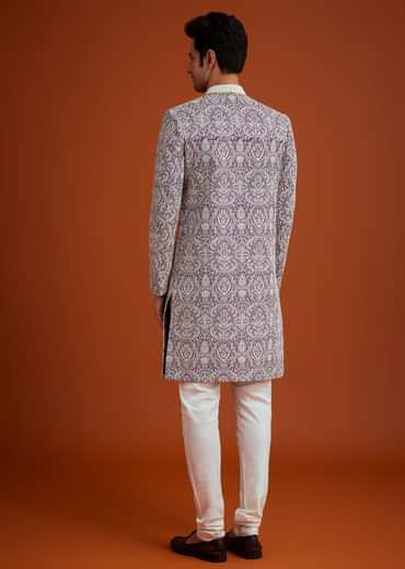 Purple Silk Sherwani Set With Bead Work