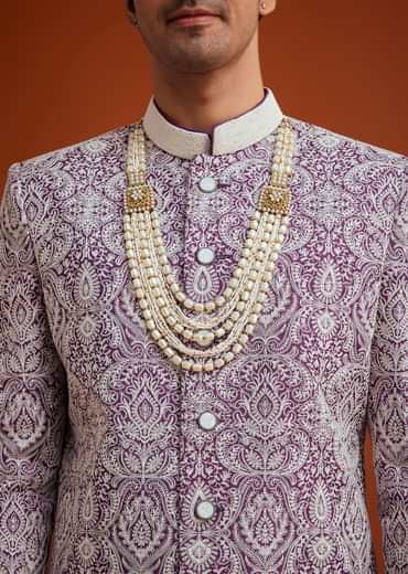 Purple Silk Sherwani Set With Bead Work