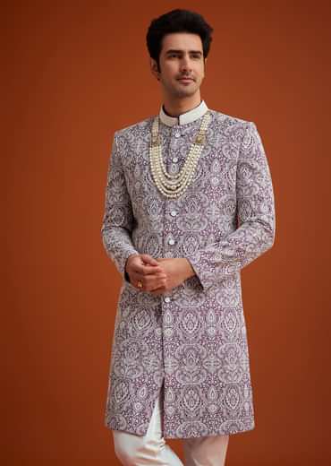 Purple Silk Sherwani Set With Bead Work
