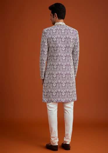 Purple Silk Sherwani Set With Bead Work And Embroidery