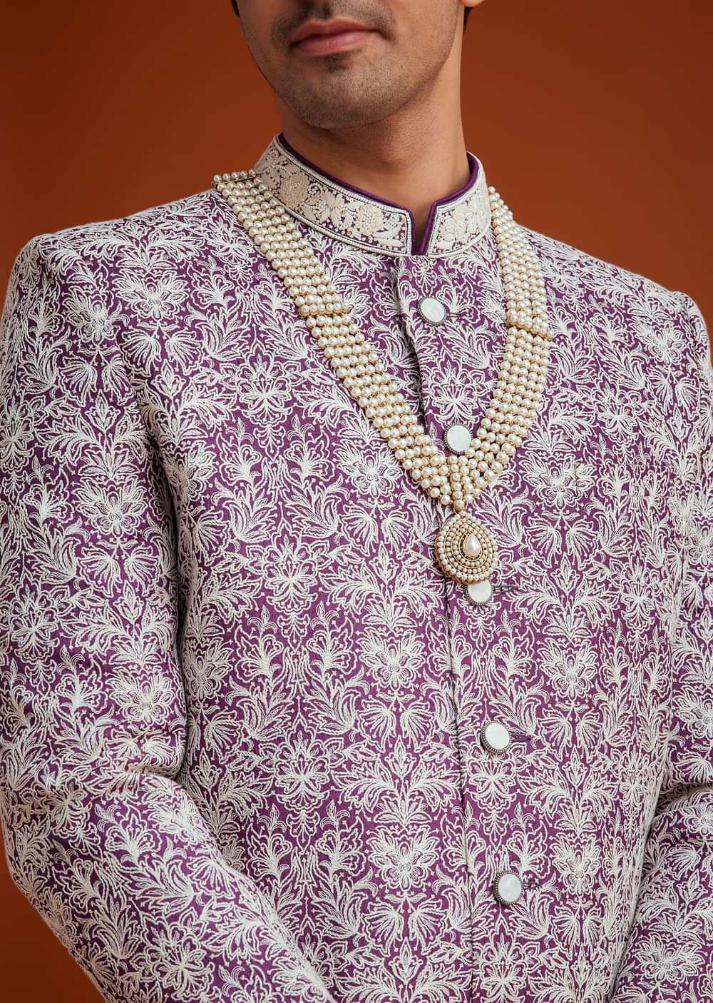 Purple Silk Sherwani Set With Bead Work And Embroidery