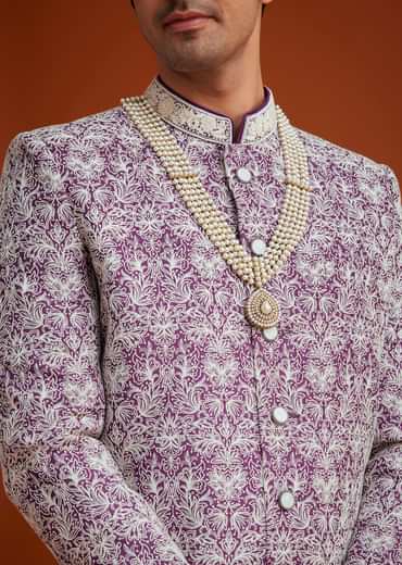 Purple Silk Sherwani Set With Bead Work And Embroidery