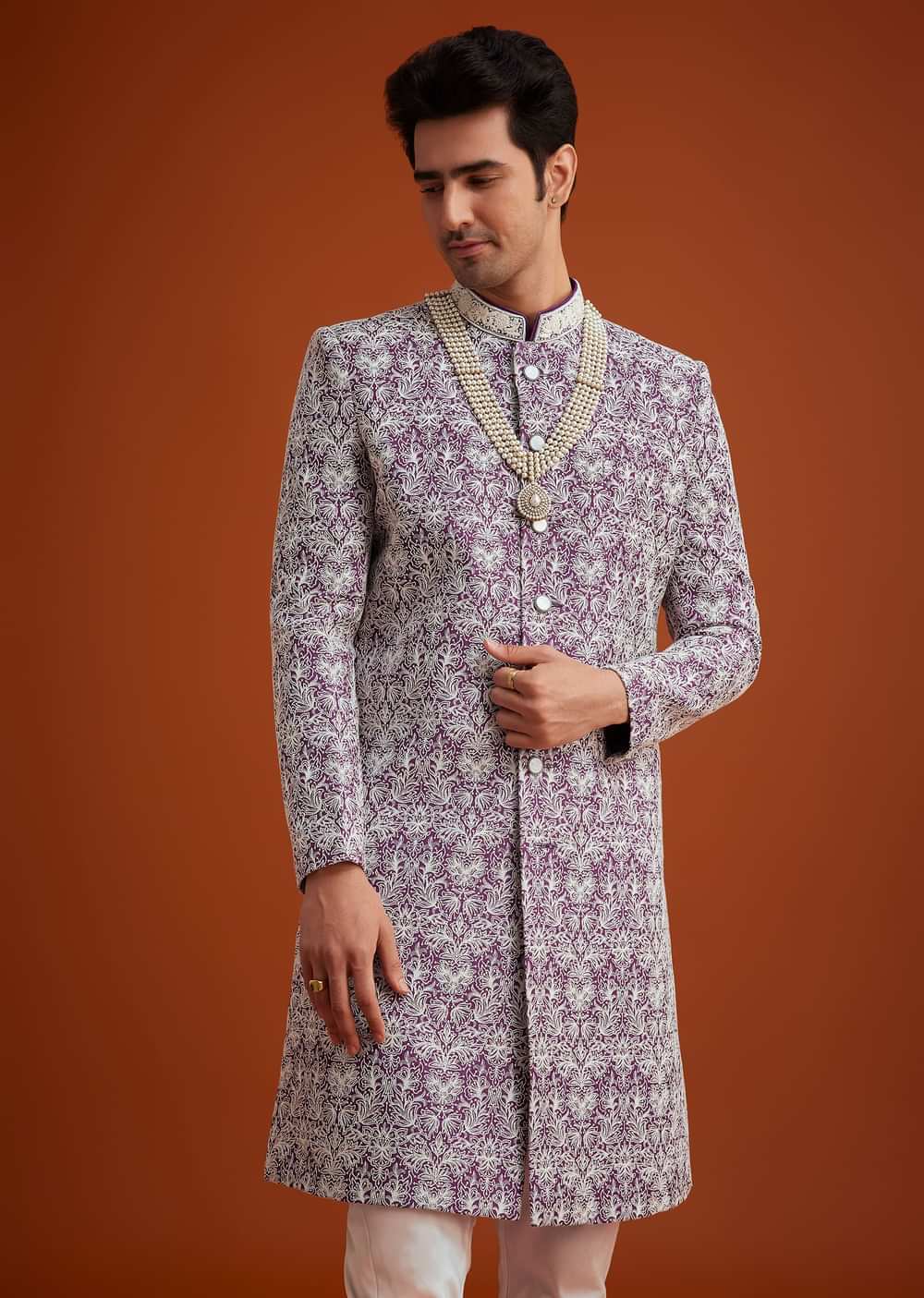 Purple Silk Sherwani Set With Bead Work And Embroidery