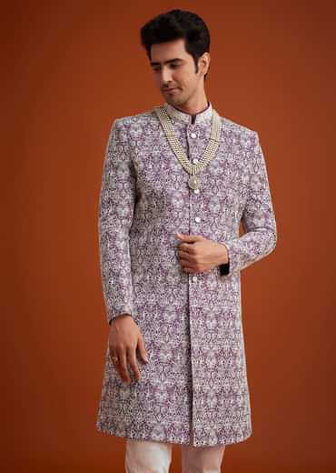Purple Silk Sherwani Set With Bead Work And Embroidery