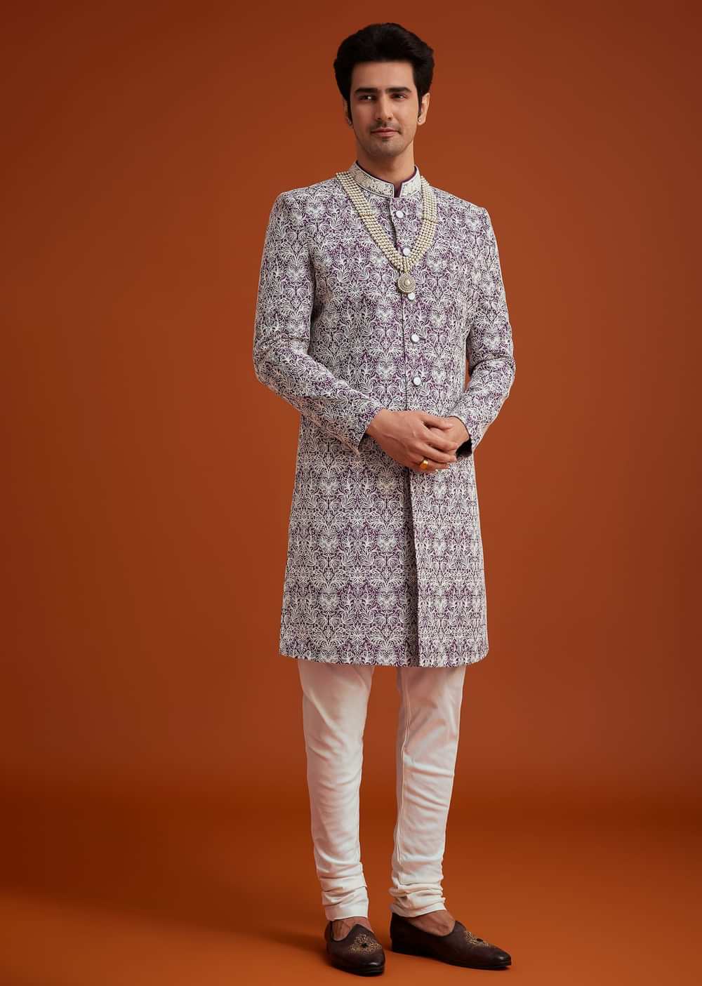 Purple Silk Sherwani Set With Bead Work And Embroidery