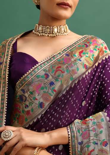 Purple Silk Woven Bandhani Saree With Paithani Border Pallu And Unstitched Blouse