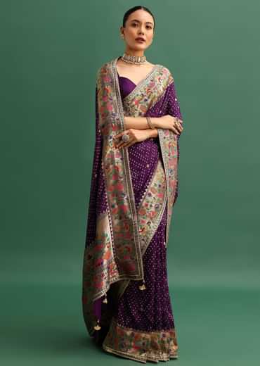 Purple Silk Woven Bandhani Saree With Paithani Border Pallu And Unstitched Blouse