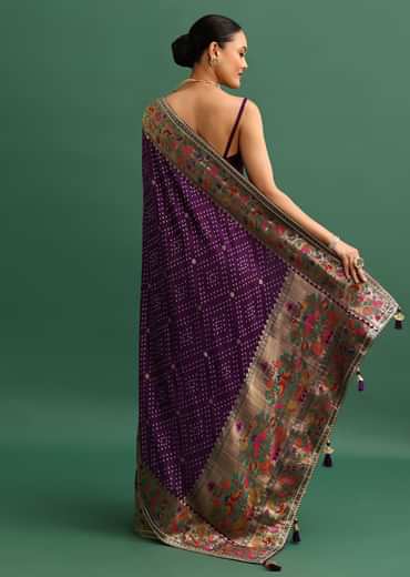 Purple Silk Woven Bandhani Saree With Paithani Border Pallu And Unstitched Blouse