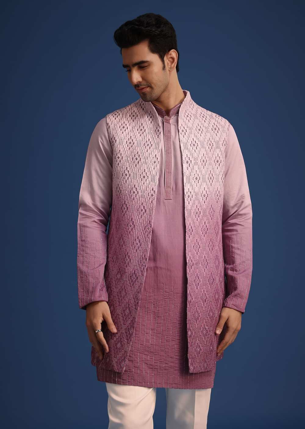 Purple Silk Zardozi Work Jacket And Kurta Set