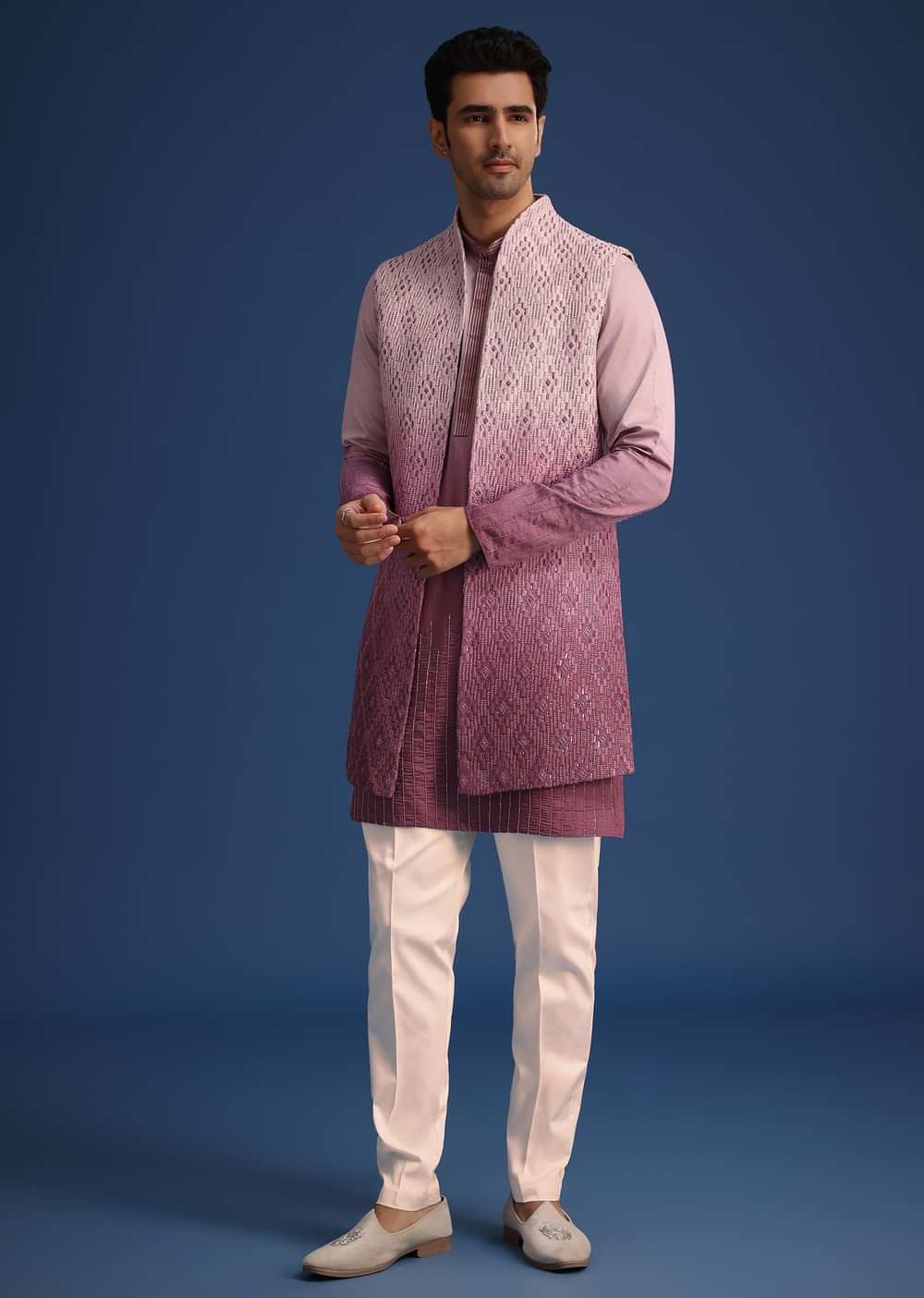 Purple Silk Zardozi Work Jacket And Kurta Set