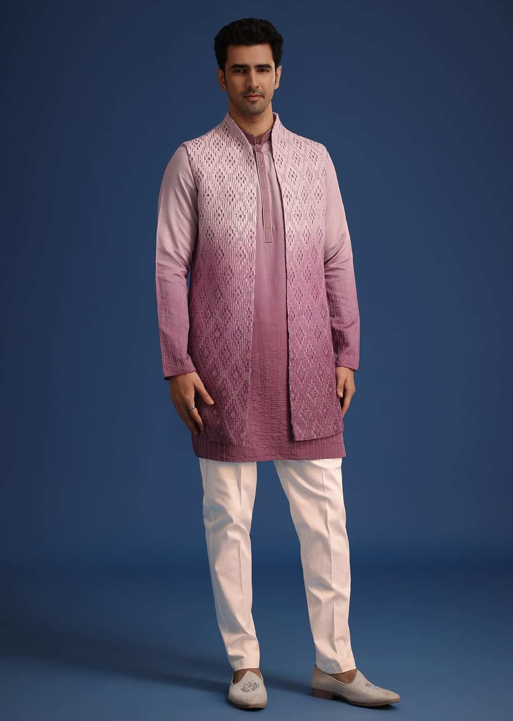 Purple Silk Zardozi Work Jacket And Kurta Set