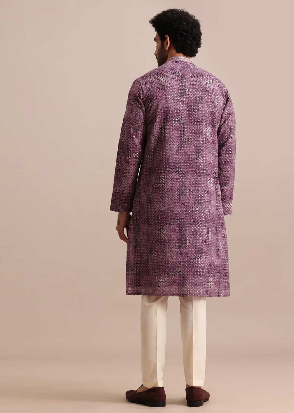 Purple Silk Zipper Kurta Set In Sequin For Men