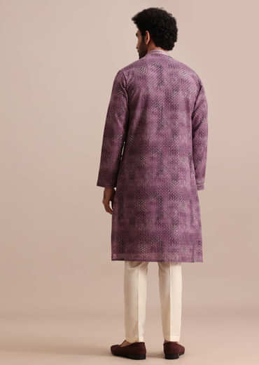 Purple Silk Zipper Kurta Set In Sequin For Men