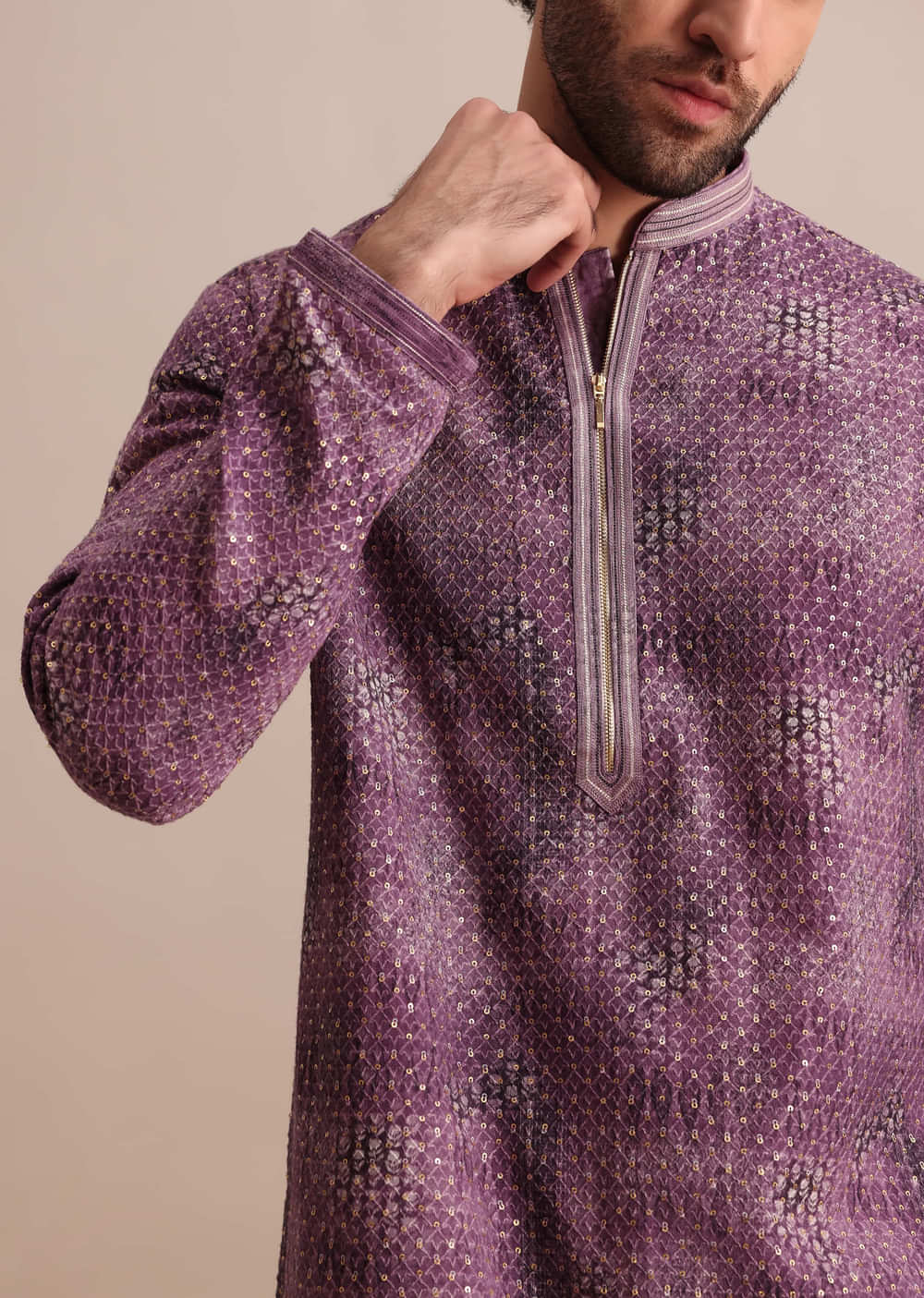 Purple Silk Zipper Kurta Set In Sequin For Men