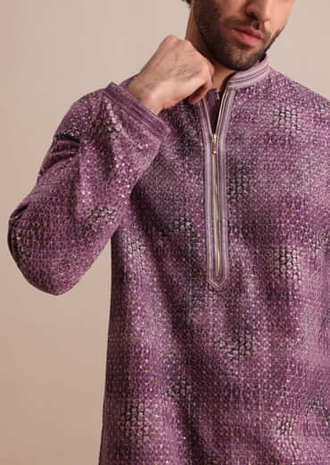 Purple Silk Zipper Kurta Set In Sequin For Men