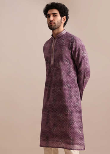 Purple Silk Zipper Kurta Set In Sequin For Men