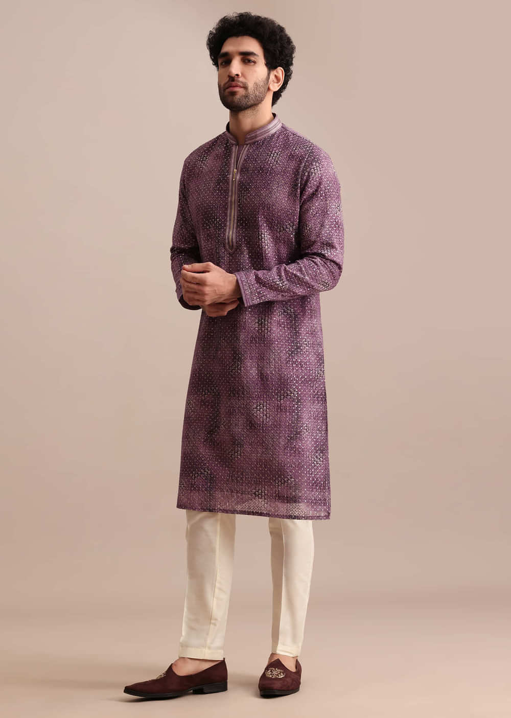 Purple Silk Zipper Kurta Set In Sequin For Men