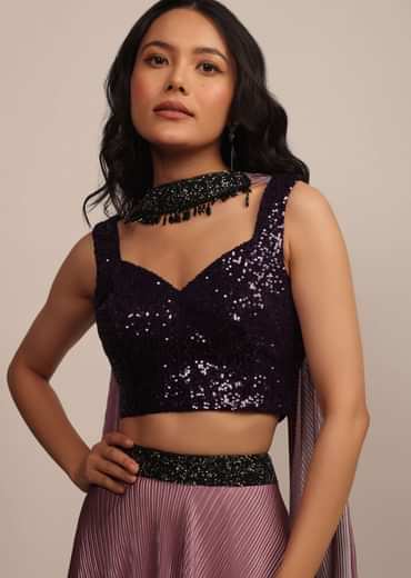 Purple Sleeveless Sequins Blouse With Sweetheart Neckline