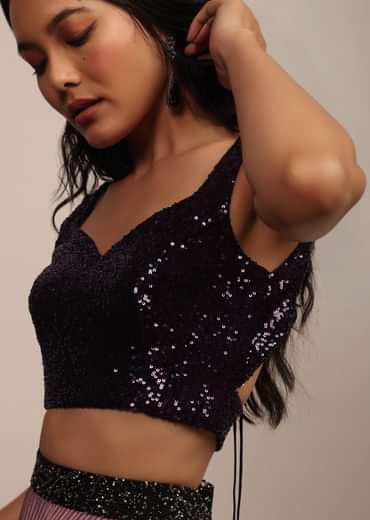 Purple Sleeveless Sequins Blouse With Sweetheart Neckline