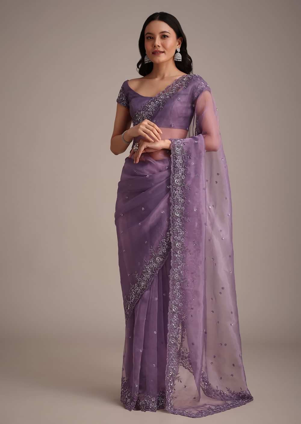 Purple Soft Organza Saree With Cutdana Sequins Embroidery