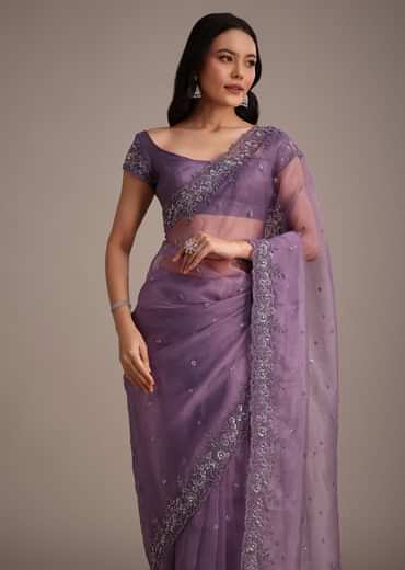 Purple Soft Organza Saree With Cutdana Sequins Embroidery