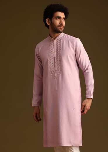 Purple Threadwork Kurta Pant Set With Embroidered Yoke