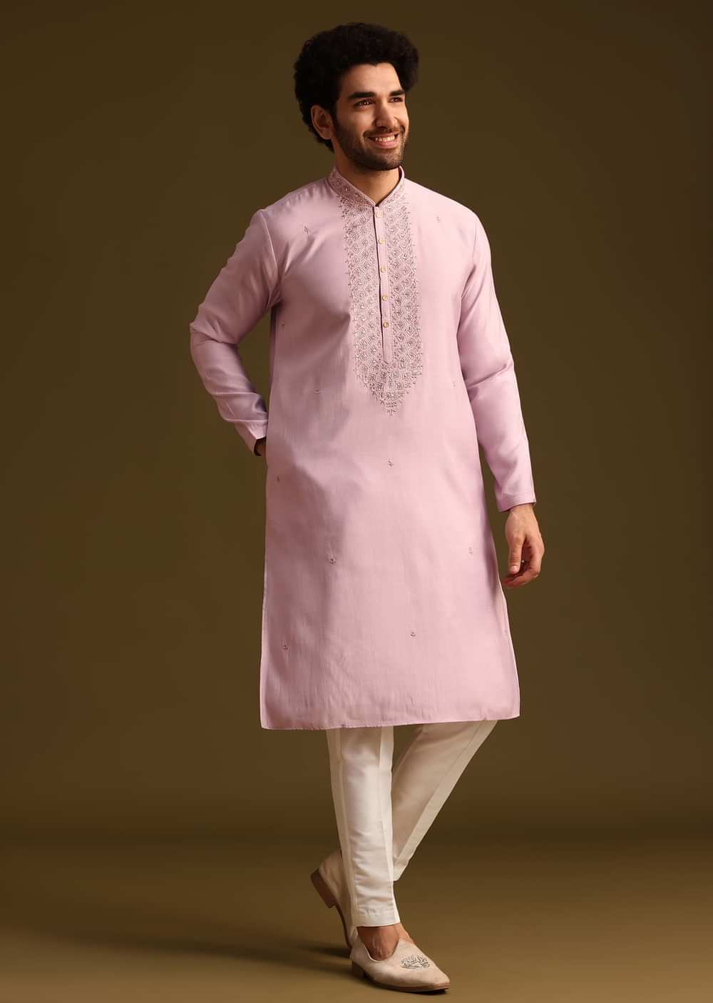Purple Threadwork Kurta Pant Set With Embroidered Yoke