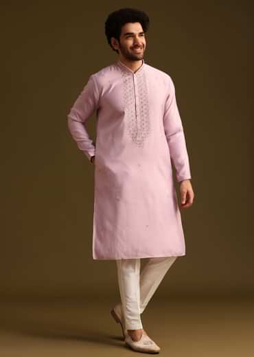 Purple Threadwork Kurta Pant Set With Embroidered Yoke