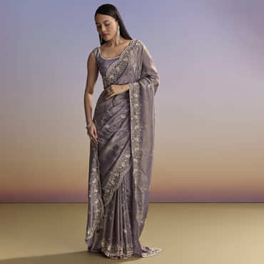 Purple Tissue Saree With Cutdana And Bead Embroidery