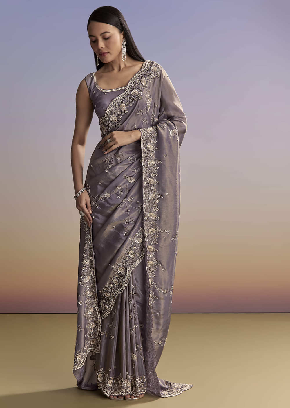 Purple Tissue Saree With Cutdana And Bead Embroidery