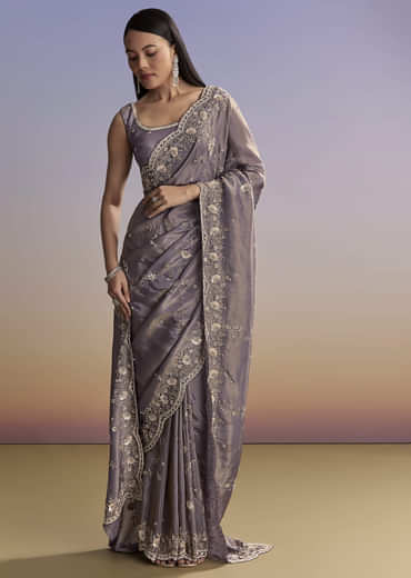 Purple Tissue Saree With Cutdana And Bead Embroidery