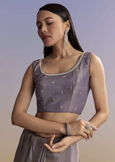 Purple Tissue Saree With Cutdana And Bead Embroidery