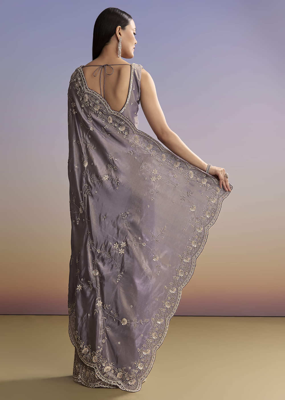 Purple Tissue Saree With Cutdana And Bead Embroidery