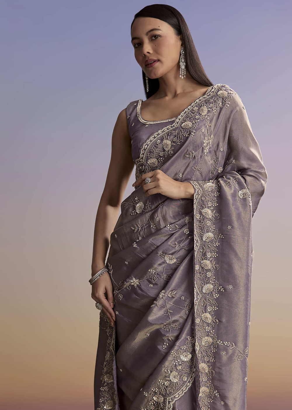 Purple Tissue Saree With Cutdana And Bead Embroidery