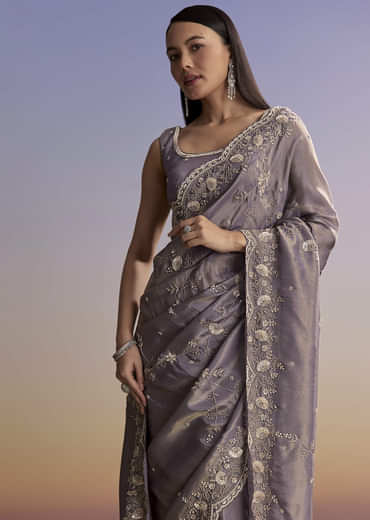 Purple Tissue Saree With Cutdana And Bead Embroidery